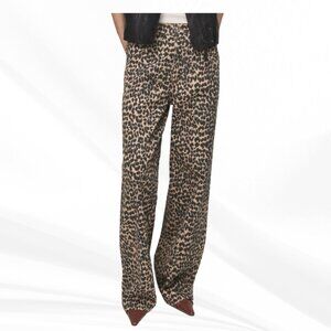 MANGO Jeans Women 10 Leopard Print Mid Rise Straight Leg Denim Animal Print Cott